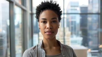 ai generado confidente mujer de negocios comandos ciudad ver capturado con determinado 50 mm lente postura foto