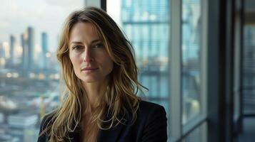 AI generated Confident Businesswoman Captivating Cityscape Gaze in Sleek Office Setting Shot with Dynamic 50mm Lens photo