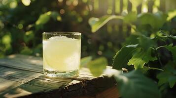 AI generated Refreshing Iced Lemonade Macro Shot Emphasizing Condensation Lemon Slice and Dreamy Blurred Background photo