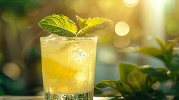 ai generado refrescante limonada con hielo y menta capturado en crujiente 50 mm de cerca Disparo foto