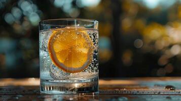 AI generated Sparkling Water and Lemon Slice Macro Shot Captures Rustic Table and CondensationDraped Glass photo