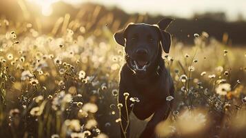 ai generado juguetón Labrador perdiguero límites mediante herboso campo capturado en gran angular alegría foto