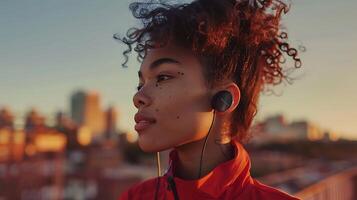 ai generado joven mujer bailes a música en paisaje urbano inmerso en inalámbrico auriculares foto