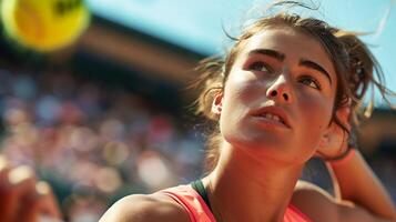 AI generated Intense Concentration Female Tennis Player Midserve Captured in Closeup with Blurred Tennis Court Background photo