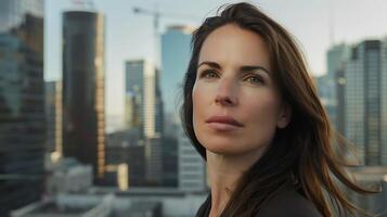 AI generated Modern Businesswoman Radiates Confidence in Electric Car with Cityscape Backdrop photo