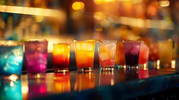 AI generated Vibrant Array of Colorful Cocktails Adorned with Fresh Fruits and Umbrellas Captured in CloseUp photo