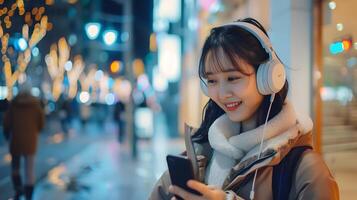 AI generated Young Woman Enjoying Music on Smartphone at Colorful TechFilled Desk Captured with 50mm Lens photo