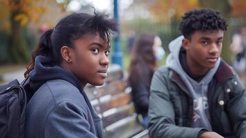 ai generado diverso adolescentes contratar en significativo conversacion a parque rodeado por multicultural y multigeneracional diversidad foto