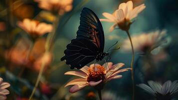 ai generado delicado mariposa descansa en vibrante flor bañado en suave natural ligero foto