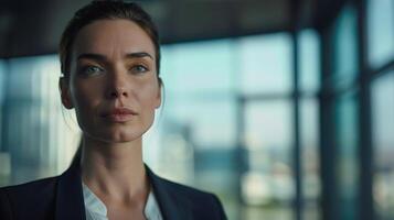 AI generated Confident Businesswoman Stands in Modern Office Gazing Ahead with Determined Expression photo