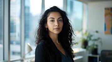 AI generated Confident Businesswoman Stands in Modern Office Gazing Ahead with Determined Expression photo