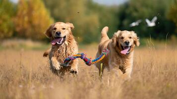 ai generado dorado perros perdigueros en broma retozar en manchado de sol prado lenguas descansando y piel alborotado debajo caprichoso piar aves foto