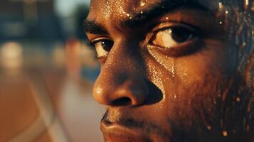 AI generated Intense Closeup Basketball Player Focuses on Free Throw Sweating under Natural Light photo