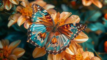 ai generado mariposa descansando en vibrante flor en lozano jardín capturado con extremo de cerca macro lente foto