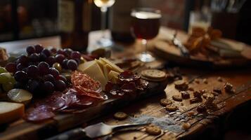 AI generated Artfully Arranged Charcuterie Board Showcases Assorted Cheeses Cured Meats Fruits and Nuts in Soft Natural Light photo