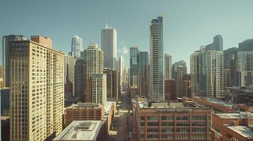 AI generated Modern Skyscrapers Aerial View of Cityscape Against Clear Blue Sky photo