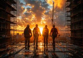 ai generado silueta de construcción trabajadores en contra el puesta de sol cielo. foto