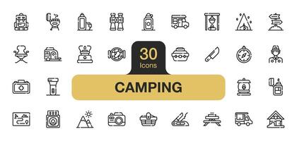 Set of 30 Camping icon element sets. Includes cutting knife, matchbox, truck, backpack, picnic basket, camper van, and More. Outline icons vector collection.