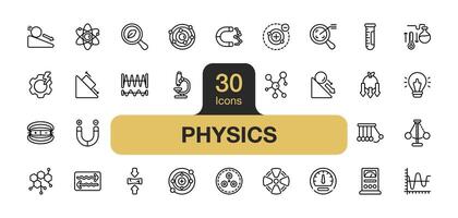 Set of 30 Physics icon element sets. Includes Atom, Molecule, Electron, Proton, Photon, Quark, Microscope, Voltmeter, Magnetism, Gravity, and More. Outline icons vector collection.