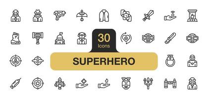 Set of 30 Superhero icon element sets. Includes Hammer, villain, Trident, Helmet, Telekinesis, Robot, Teleport, Sword, and More. Outline icons vector collection.