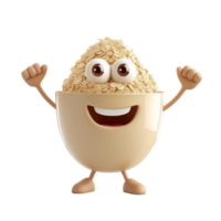 AI generated Animated smiling bowl of oats character with arms raised, isolated on a transparent background, representing a healthy breakfast concept png