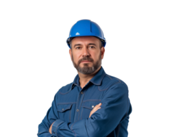 AI generated Confident male worker in blue uniform and safety helmet, arms crossed, isolated on a transparent background  ideal for Labor Day promotions Ethnicity unspecified png