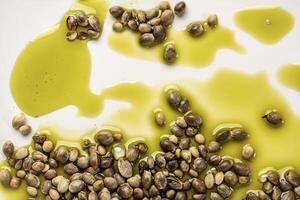 dry hemp seeds and a splash of hemp oil on a white plate, superfood and healthy eating concept photo