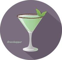 Hand drawn vector illustration of Grasshopper - american sweet, mint-flavored, after-dinner alcohol cocktail with mint leaves and chocolate, in a violet circle with long shadow and text. Bar menu