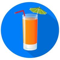 Hand drawn vector illustration of freshly squezed orange juice with long shadow. Bar menu