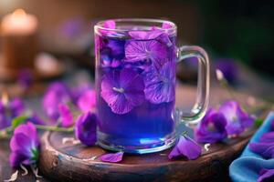 AI generated Clitoria ternatea, herbal tea, purple blue flower and drink . minuman bunga telang,generative ai photo