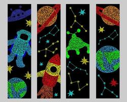 Set bookmarks with hand drawn stars, flying sauer, planet, mars rover, rocket, earth planet,constellations on black background in childrens naive style. vector