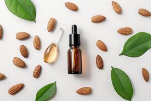 AI generated Flat Lay View of Almond Essential Oil in Amber Dropper Isolated on White Background. generative ai photo