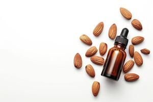 AI generated Flat Lay View of Almond Essential Oil in Amber Dropper Isolated on White Background. generative ai photo