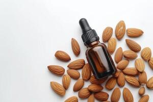 AI generated Flat Lay View of Almond Essential Oil in Amber Dropper Isolated on White Background. generative ai photo