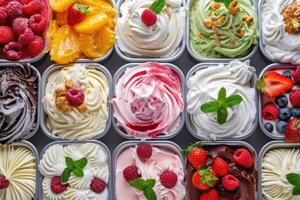 AI generated Gelato Galore-Italy's Sweet Frozen Delights, Flat lay view photo