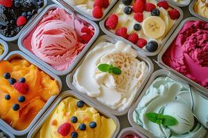 AI generated Gelato Galore-Italy's Sweet Frozen Delights, Flat lay view photo