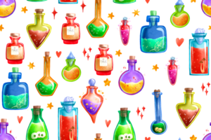 Seamless pattern with glass flasks. Magic potions and tinctures, elixirs. Wrapping paper, design and printing. Illustration entitled. Magic potions with eyes, skulls, glibs. Black magic png