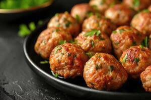 AI generated Lamb kofta meatballs in dark kitchen background ,Koftas are an Indian Cuisine. generative ai photo