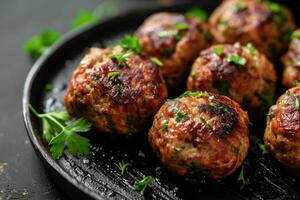 AI generated Lamb kofta meatballs in dark kitchen background ,Koftas are an Indian Cuisine. generative ai photo