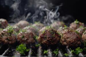AI generated Lamb kofta meatballs in dark kitchen background ,Koftas are an Indian Cuisine. generative ai photo