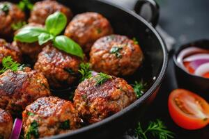 AI generated Lamb kofta meatballs in dark kitchen background ,Koftas are an Indian Cuisine. generative ai photo