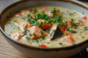 AI generated Northern Delicacy Unveiled,Creamy Lohikeitto Salmon Soup. generative ai photo