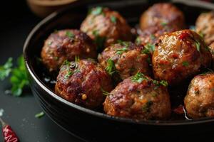 AI generated Lamb kofta meatballs in dark kitchen background ,Koftas are an Indian Cuisine. generative ai photo