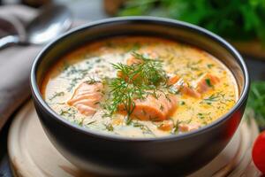 AI generated Northern Delicacy Unveiled,Creamy Lohikeitto Salmon Soup. generative ai photo