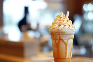 AI generated Sweet Bliss, Sipping on a Caramel Frappuccino with Whipped Cream. generative ai photo