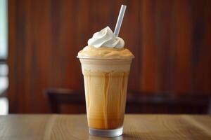 AI generated Sweet Bliss, Sipping on a Caramel Frappuccino with Whipped Cream. generative ai photo