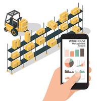 Smart warehouse management system app.Worker hand holding phone with warehouse control infographic app. Isometric vector illustration.