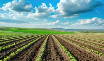 AI generated Panoramica View Ofcolorful Fields, and Rows of Currant Bush Seedlings as A Background Composition. generative ai photo