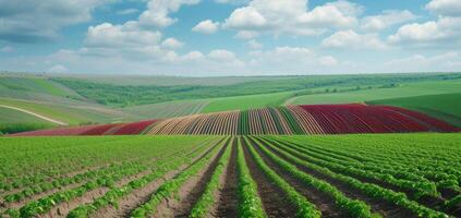 AI generated Panoramica View Ofcolorful Fields, and Rows of Currant Bush Seedlings as A Background Composition. generative ai photo