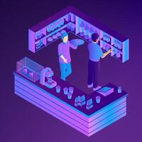 Neon cafe bar counter with waiters. Isometric vector. Small business concept vector